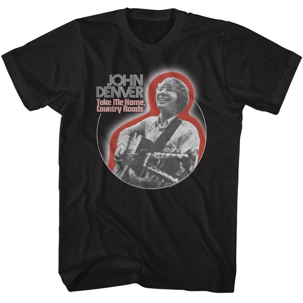 Black John Denver t-shirt featuring John Denver Playing Guitar Circle design