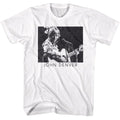 White John Denver t-shirt featuring John Denver Playing Guitar Black And White design