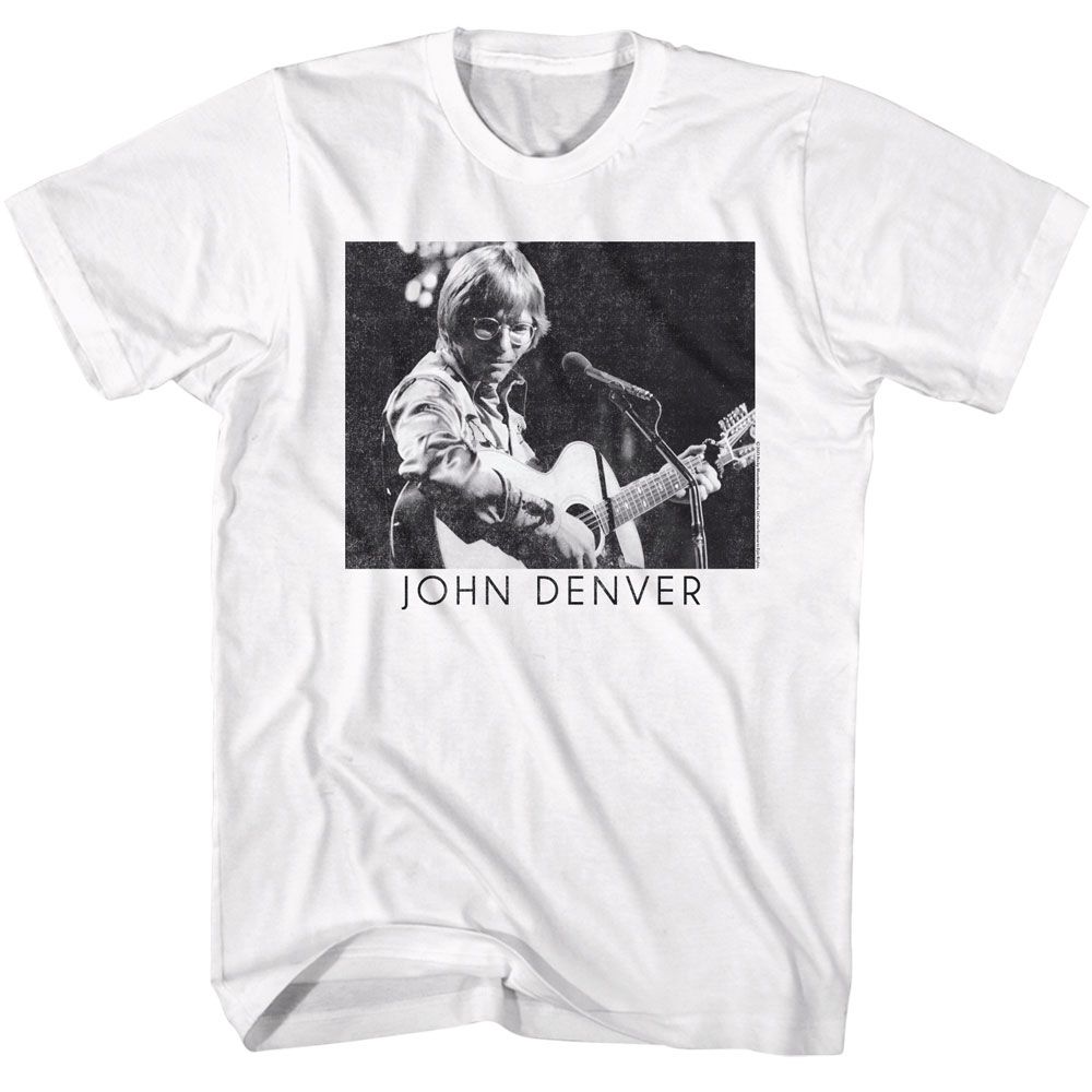White John Denver t-shirt featuring John Denver Playing Guitar Black And White design