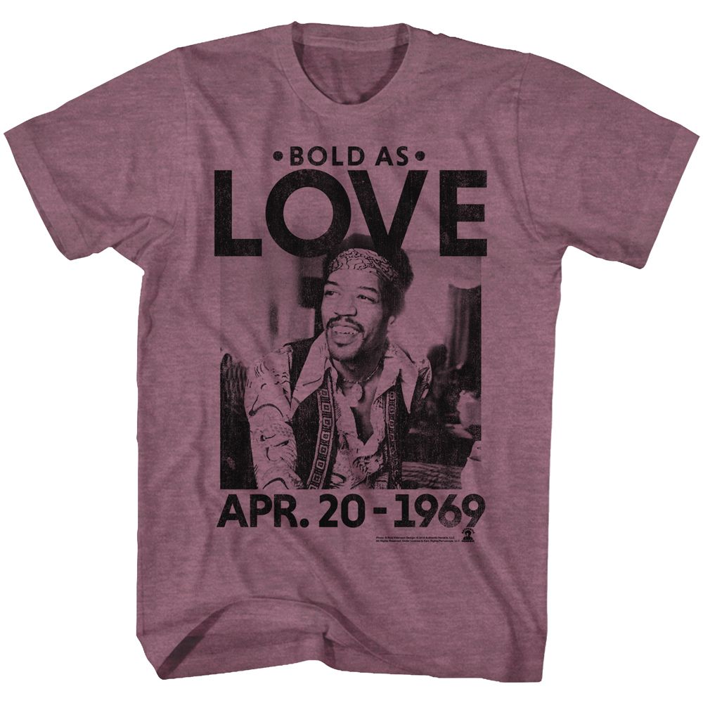 Vintage maroon heather Jimi Hendrix t-shirt featuring Jimi Hendrix Bold As Love 1967 album design