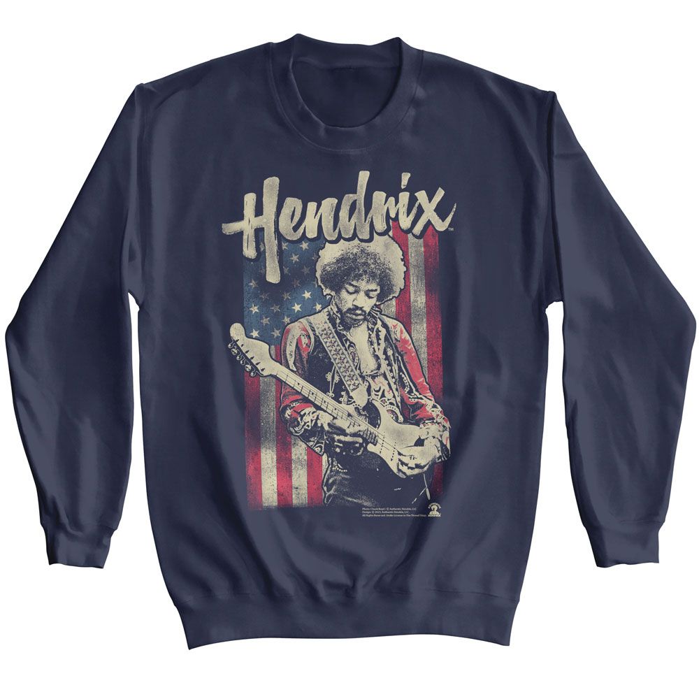 Navy Jimi Hendrix sweatshirt featuring Jimi Hendrix American Flag design