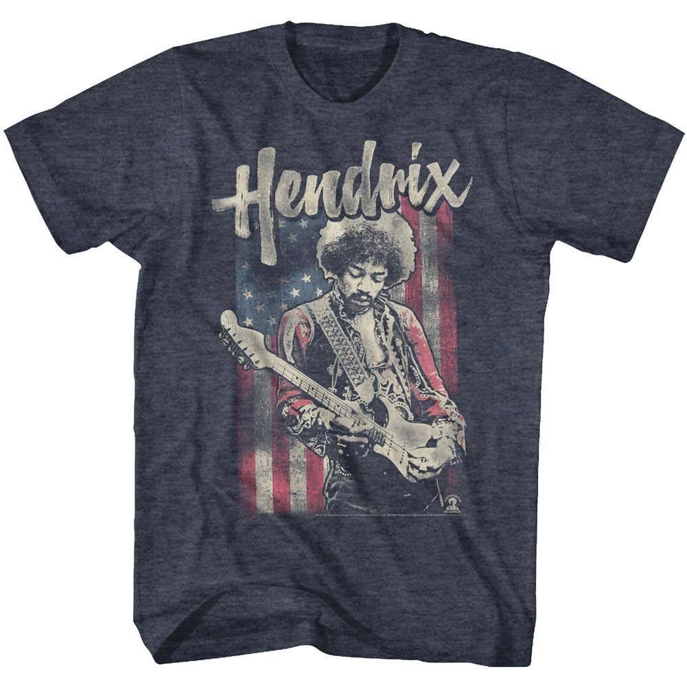 Navy heather Jimi Hendrix t-shirt featuring Jimi Hendrix Flag design
