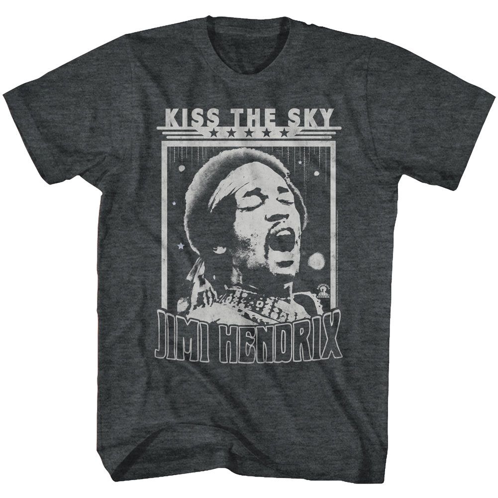 Black heather Jimi Hendrix t-shirt featuring Jimi Hendrix Kiss The Sky design