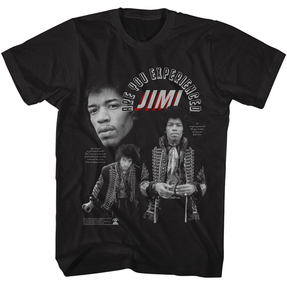 Black Jimi Hendrix t-shirt featuring Jimi Hendrix Are You Experienced design