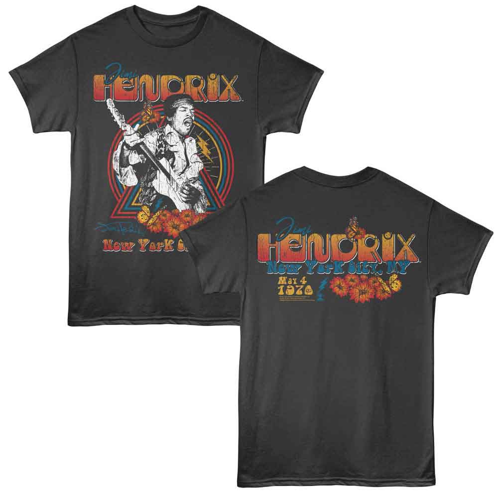Smoke gray Jimi Hendrix t-shirt featuring Jimi Hendrix New York 1970 design (front and back)