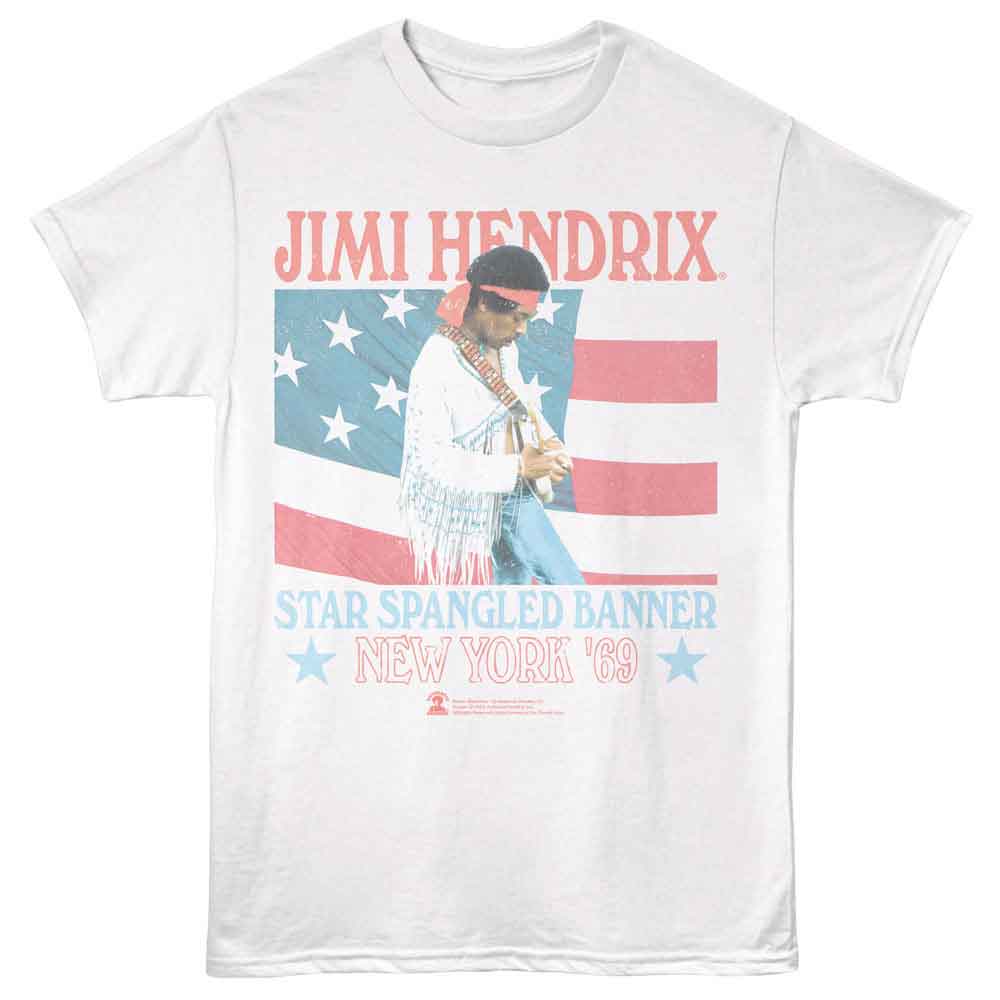 White Jimi Hendrix t-shirt featuring Jimi Hendrix Star-Spangled Banner 1969 design