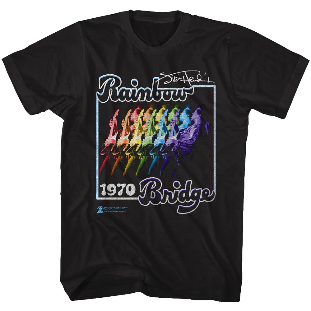 Black Jimi Hendrix t-shirt featuring Jimi Hendrix Rainbow Bridge design