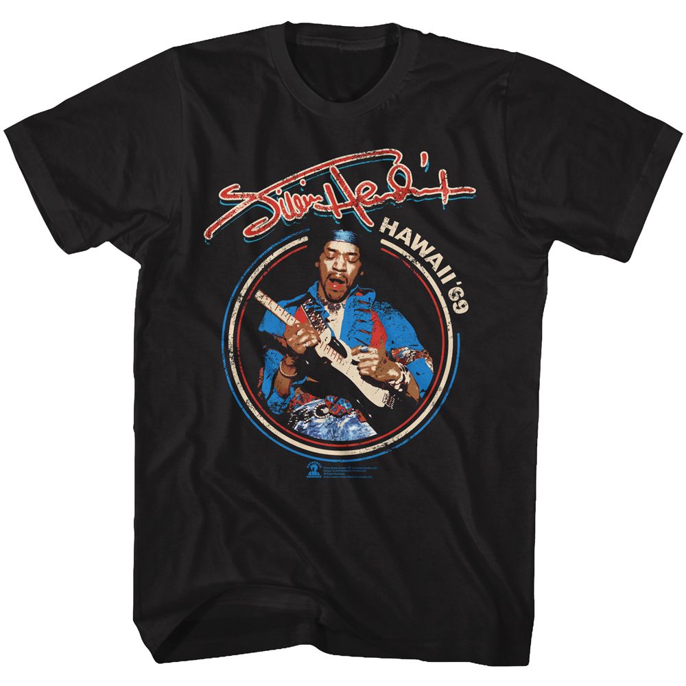 Black Jimi Hendrix t-shirt featuring Jimi Hendrix Hawaii 1969 design