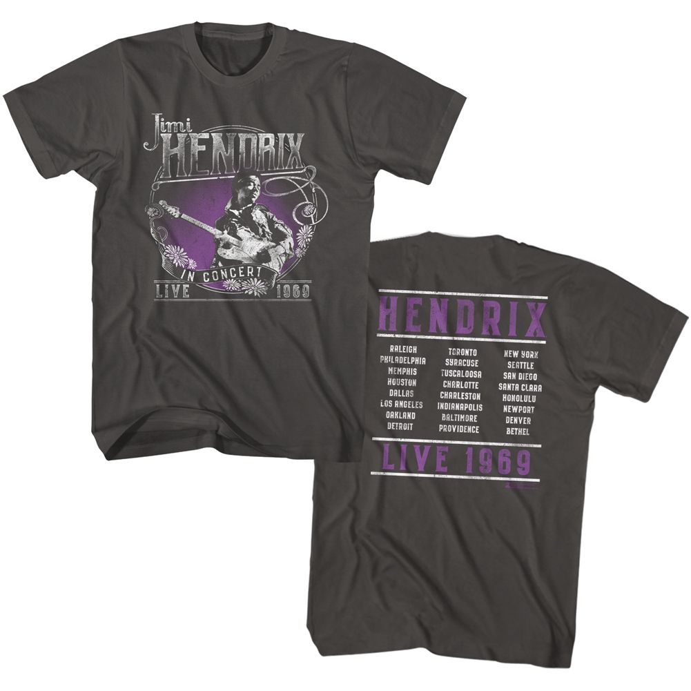 Smoke gray Jimi Hendrix t-shirt featuring Jimi Hendrix Live 1969 design (front and back)