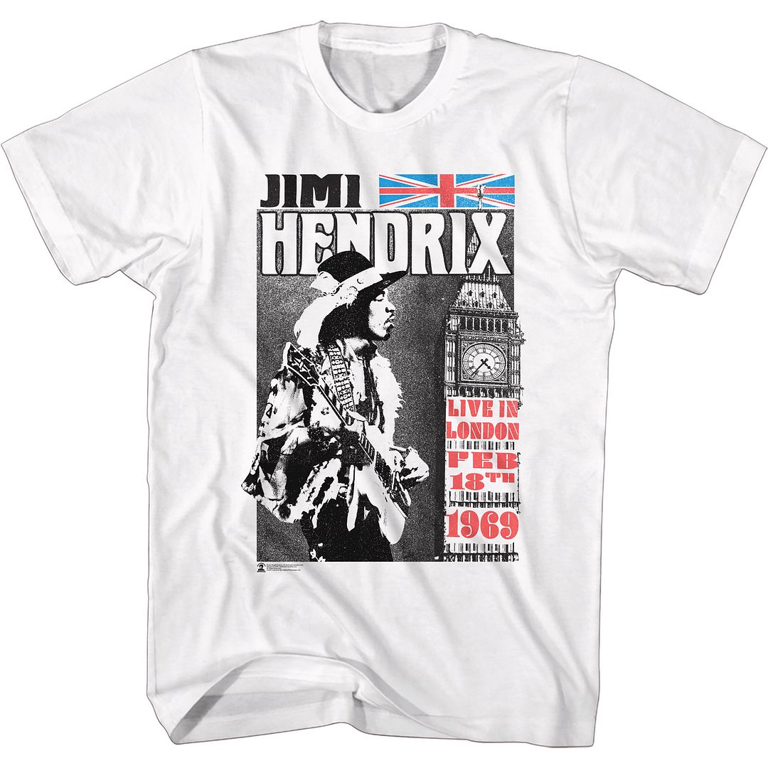 White Jimi Hendrix t-shirt featuring Jimi Hendrix Live In London design