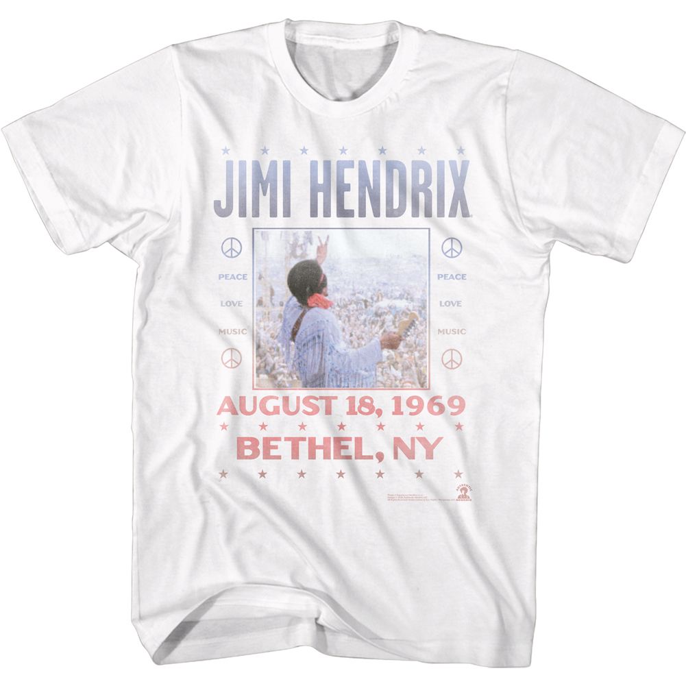 White Jimi Hendrix t-shirt featuring Jimi Hendrix Woodstock design