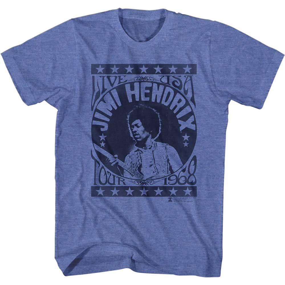 Royal heather Jimi Hendrix t-shirt featuring Jimi Hendrix Live USA Tour 1968 design