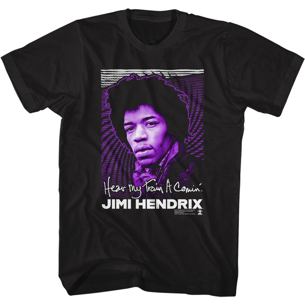 Black Jimi Hendrix t-shirt featuring Jimi Hendrix Hear My Train A Comin design
