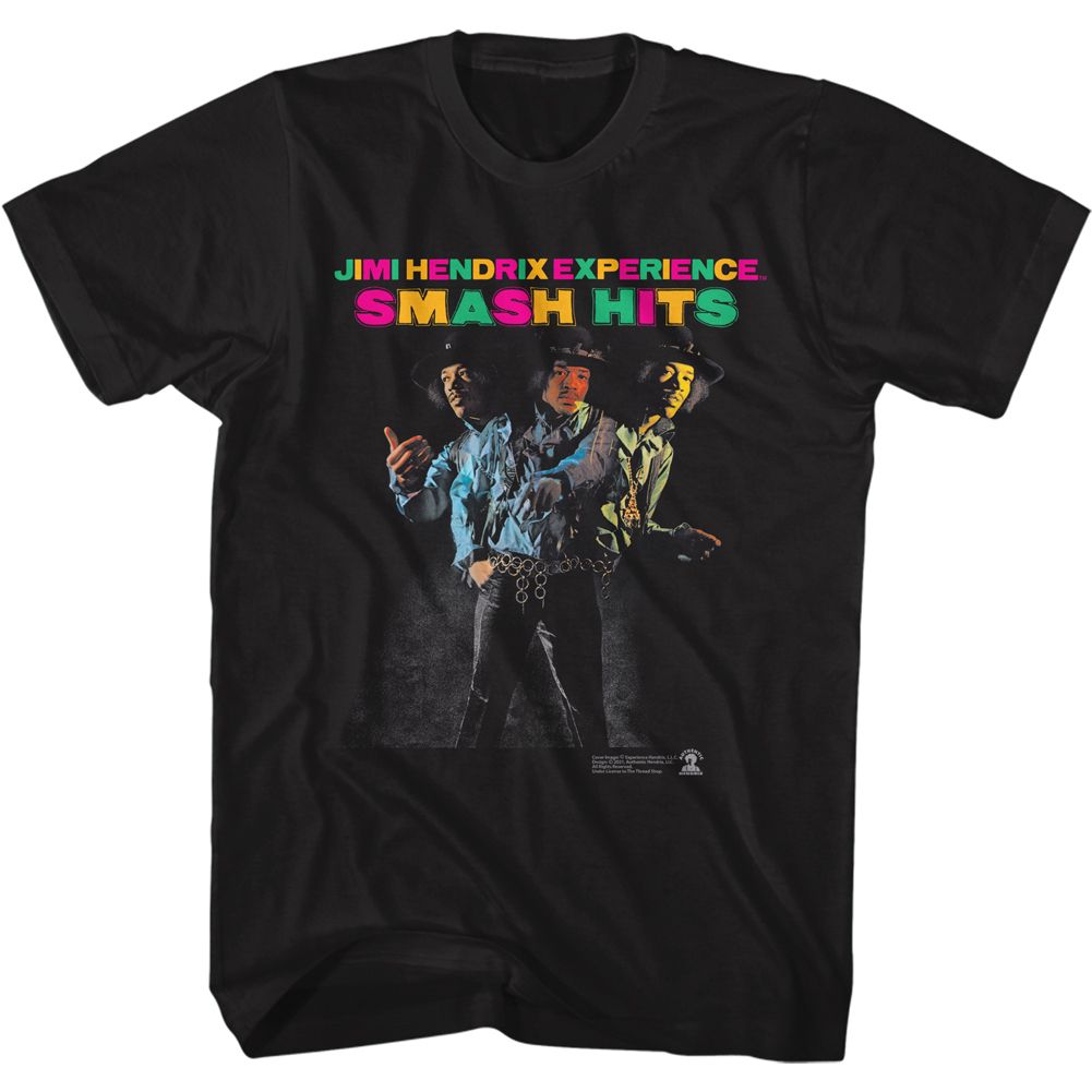 Black Jimi Hendrix t-shirt featuring Jimi Hendrix Smash Hits design