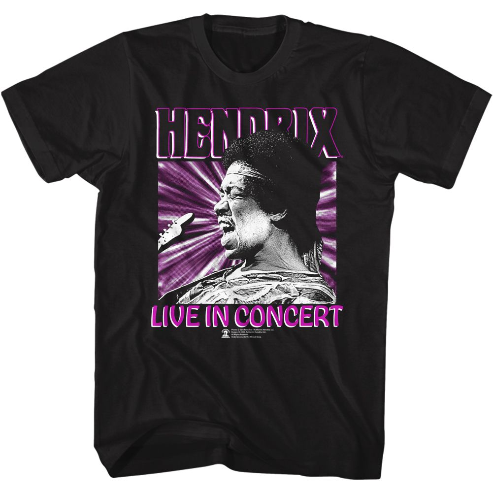 Black Jimi Hendrix t-shirt featuring Jimi Hendrix Live In Concert design