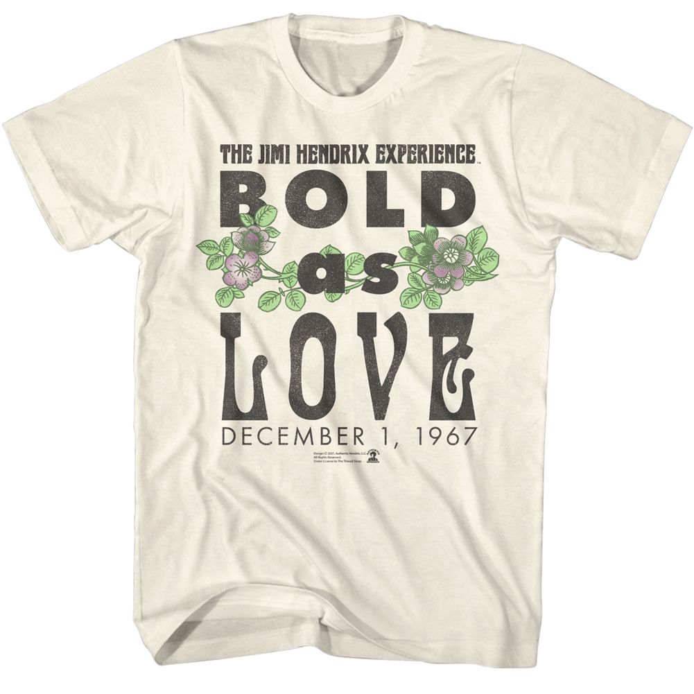 Natural Jimi Hendrix t-shirt featuring Jimi Hendrix Bold As Love 1967 design