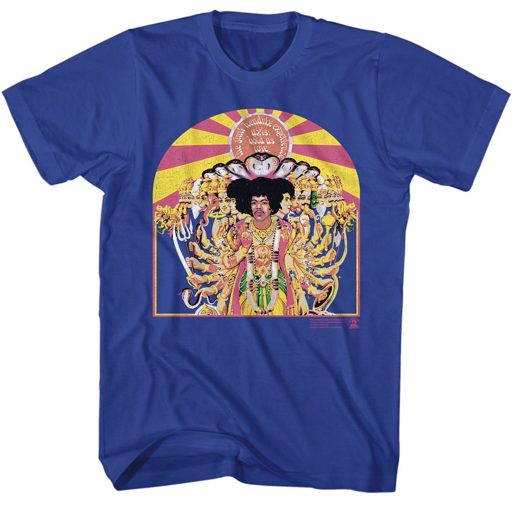 Royal blue Jimi Hendrix t-shirt featuring Jimi Hendrix Axis Cover design