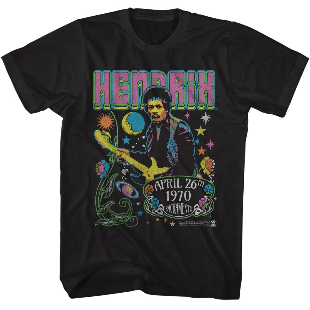 Black Jimi Hendrix t-shirt featuring Jimi Hendrix Stars And Flowers design