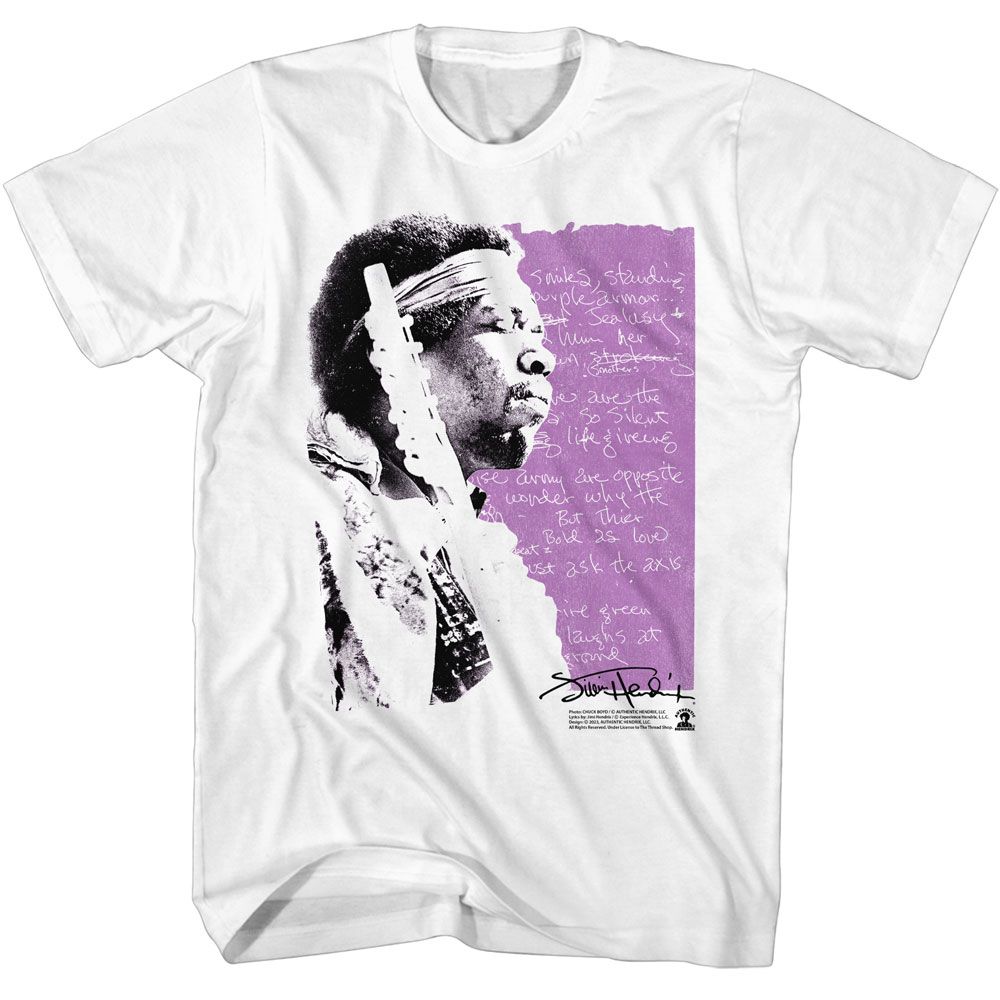 White Jimi Hendrix t-shirt featuring Jimi Hendrix Handwritten Lyrics design