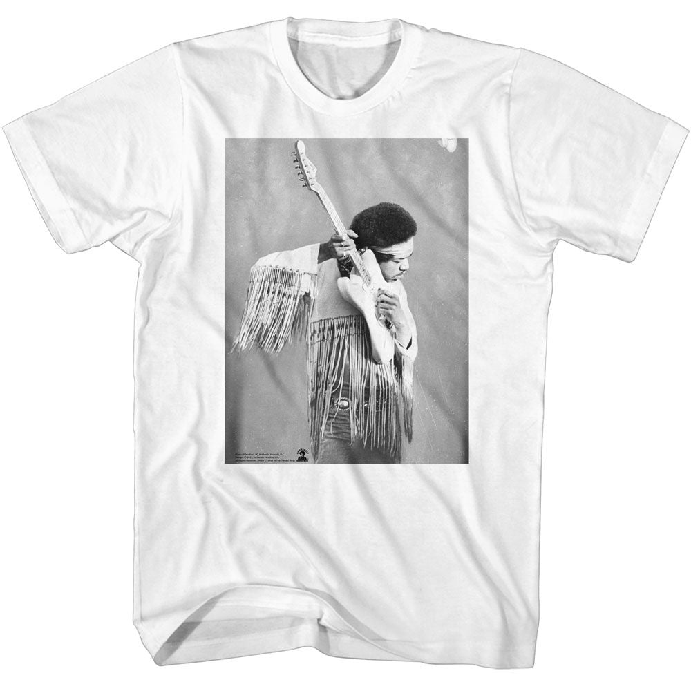 White Jimi Hendrix t-shirt featuring Jimi Hendrix Listen To Guitar design