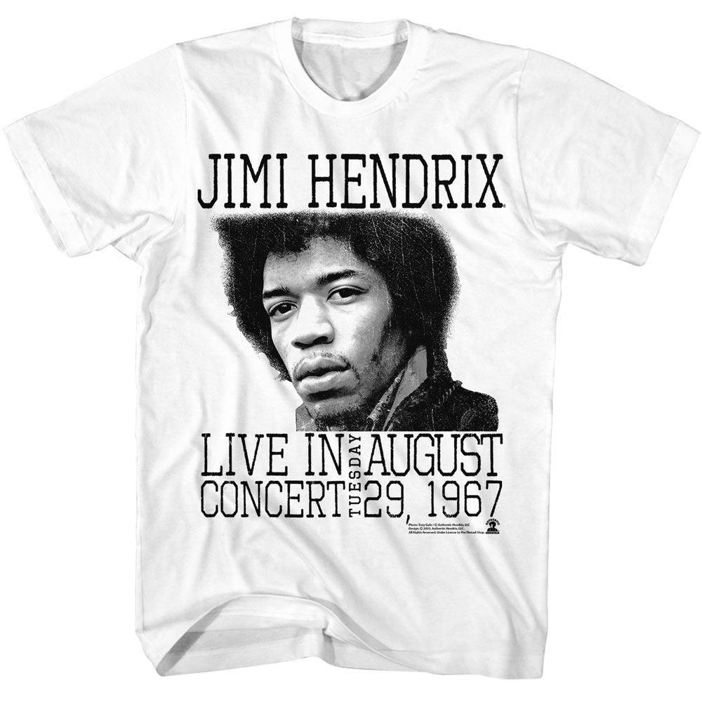 White Jimi Hendrix t-shirt featuring Jimi Hendrix Live In Concert design