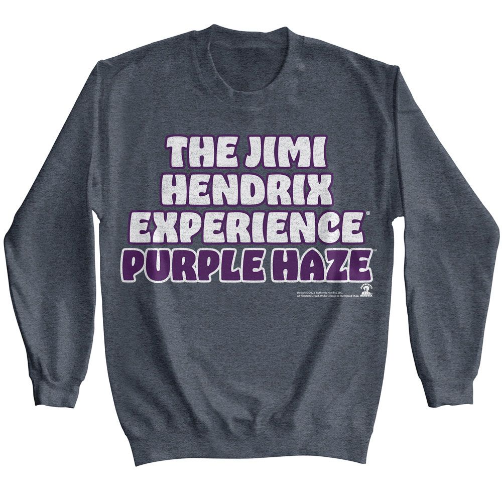 Dark heather Jimi Hendrix sweatshirt featuring Jimi Hendrix Purple Haze design