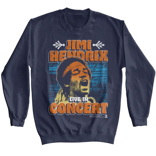 Navy Jimi Hendrix sweatshirt featuring Jimi Hendrix in concert poster design