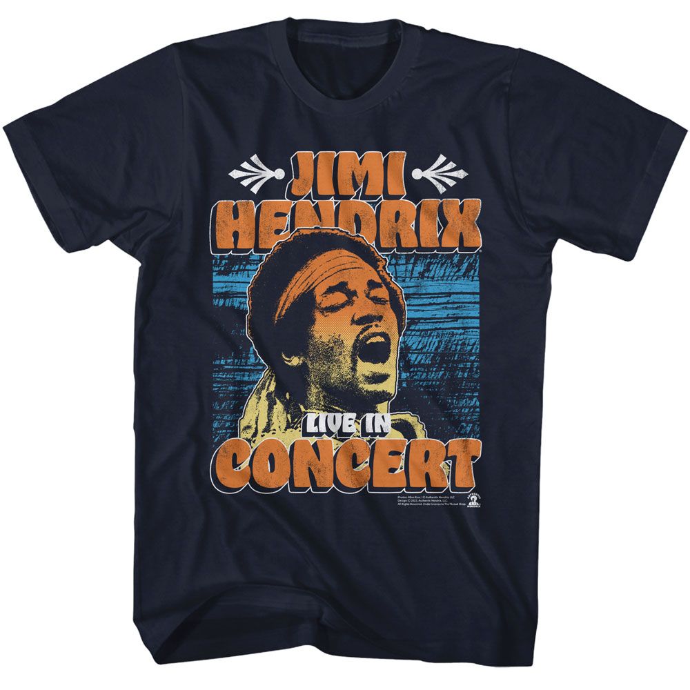 Navy Jimi Hendrix t-shirt featuring Jimi Hendrix In Concert Poster design