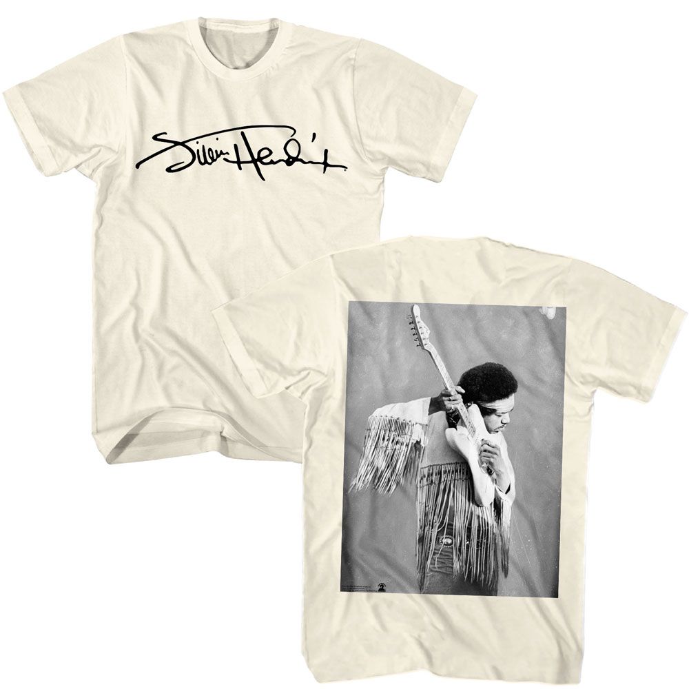 Natural Jimi Hendrix t-shirt featuring Jimi Hendrix Signature Image design (front and back)