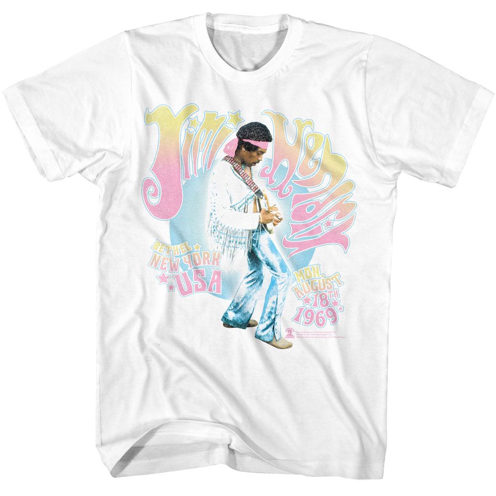 White Jimi Hendrix t-shirt featuring Jimi Hendrix Bethel NY 1969 Woodstock design