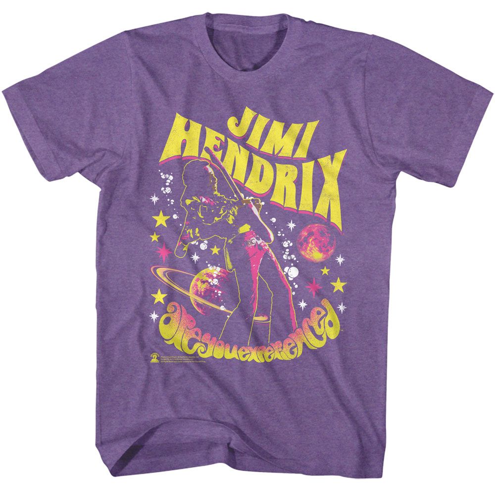 Purple heather Jimi Hendrix t-shirt featuring Jimi Hendrix Space Concert design