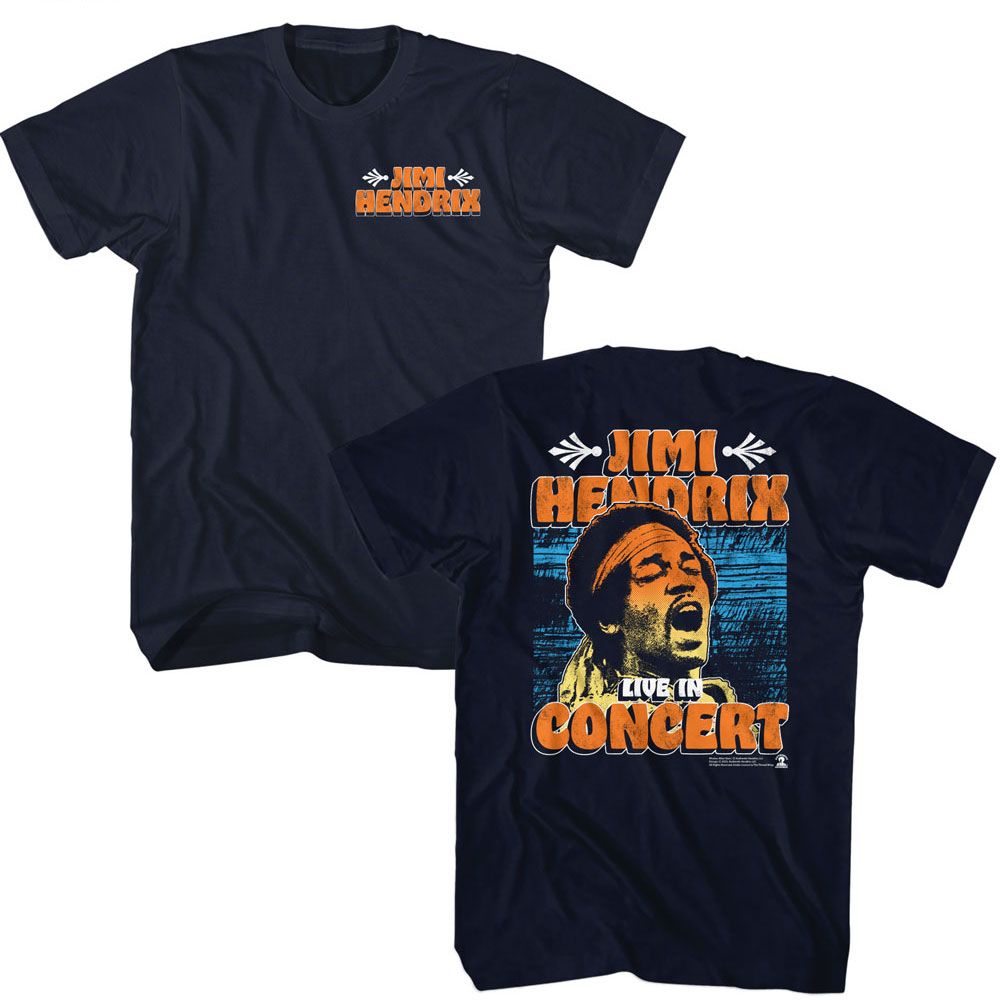 Navy Jimi Hendrix t-shirt featuring Jimi Hendrix In Concert design (front and back)