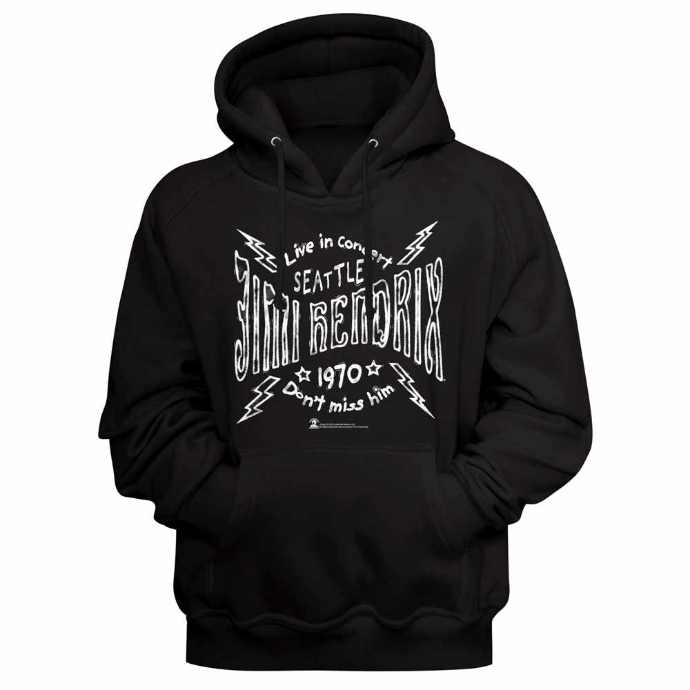 Black Jimi Hendrix pullover hoodie featuring a Seattle 1970 Lightning design