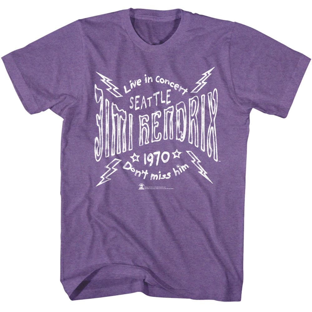 Purple heather Jimi Hendrix t-shirt featuring Jimi Hendrix Seattle 1970 Lightning design