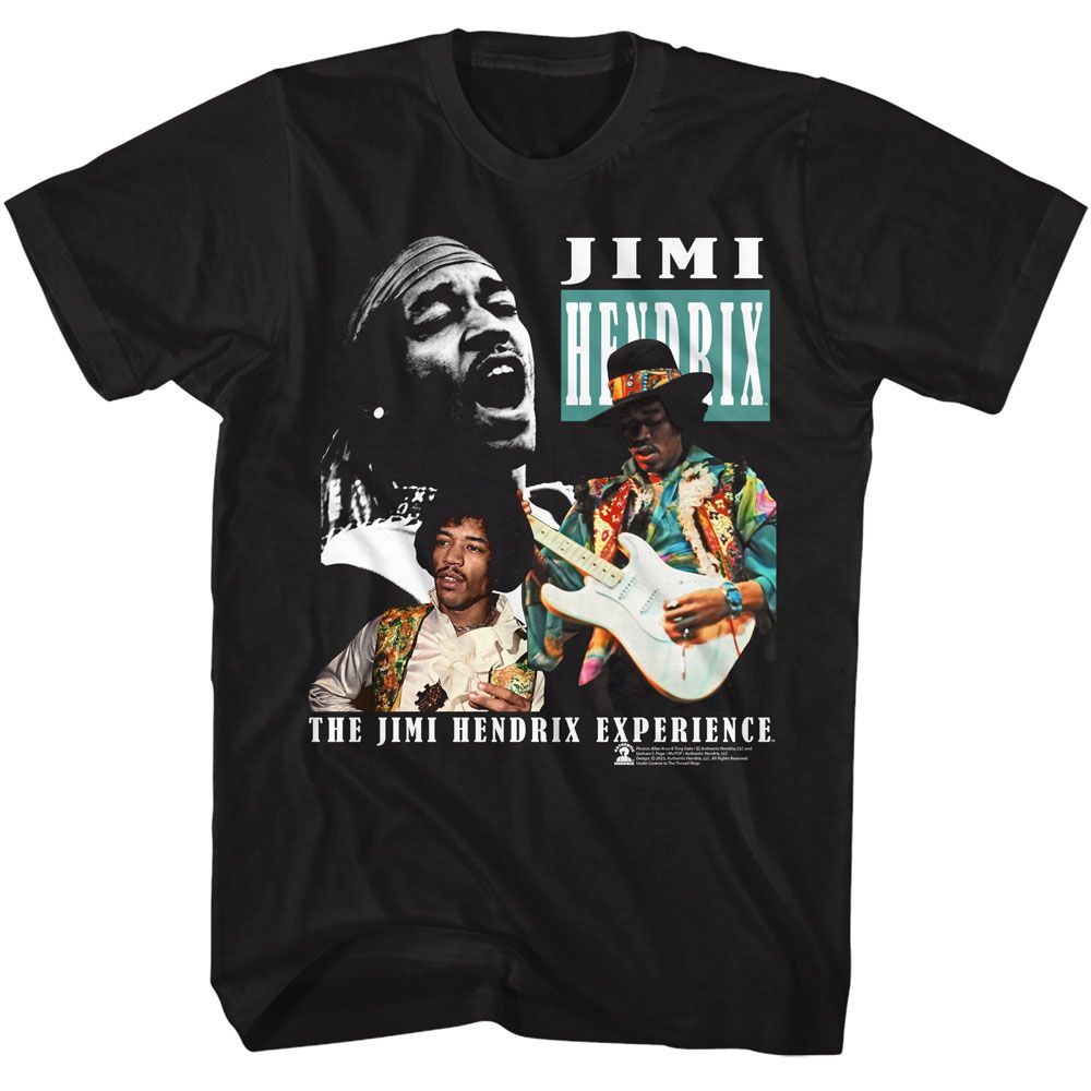 Black Jimi Hendrix t-shirt featuring Jimi Hendrix Three Photos design