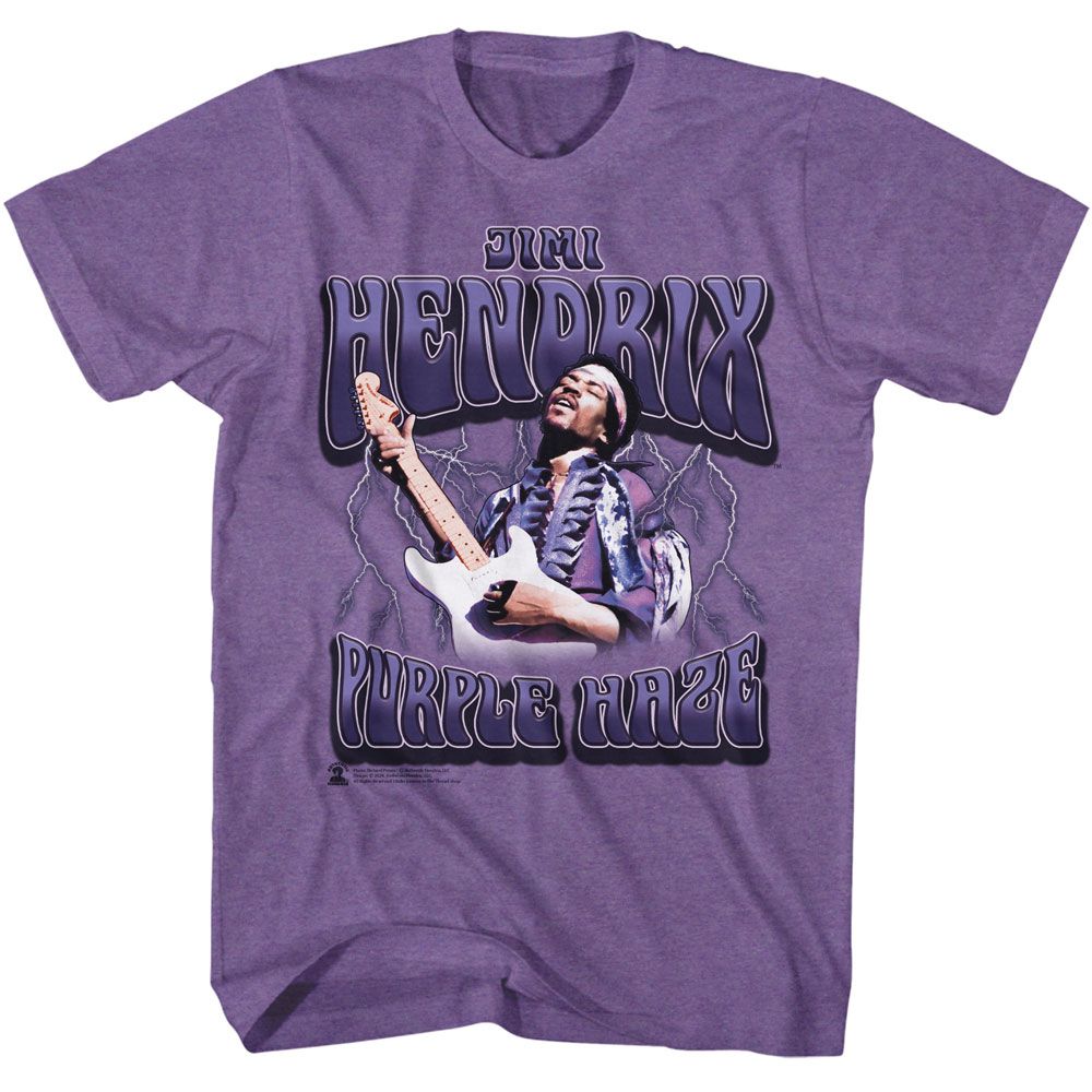 Purple heather Jimi Hendrix t-shirt featuring Jimi Hendrix Purple Haze Lightning design
