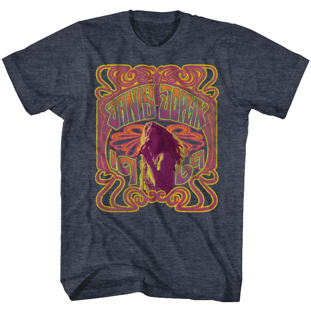Navy heather Janis Joplin t-shirt featuring Janis Joplin Psychedelic design