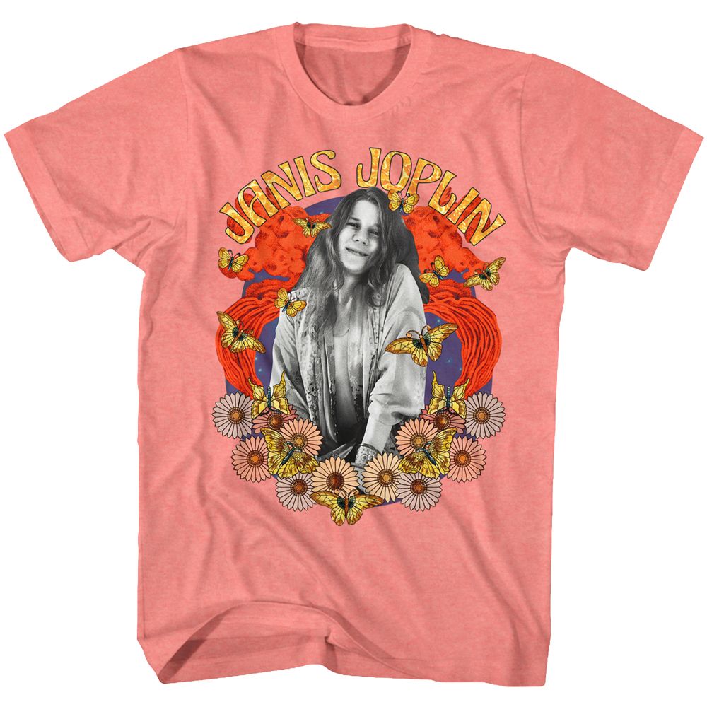 Coral silk Janis Joplin t-shirt featuring Janis Joplin Collage design
