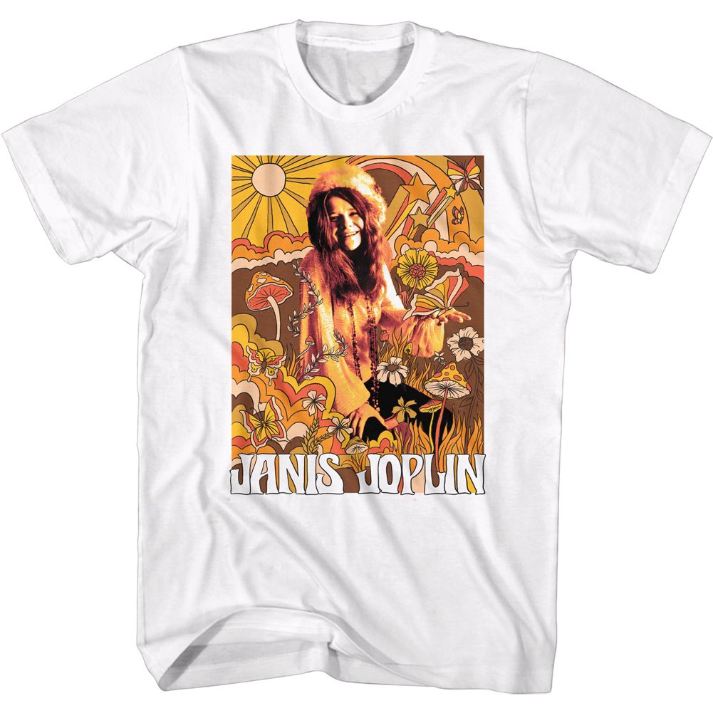 White Janis Joplin t-shirt featuring Janis Joplin Drawn Over Pic design