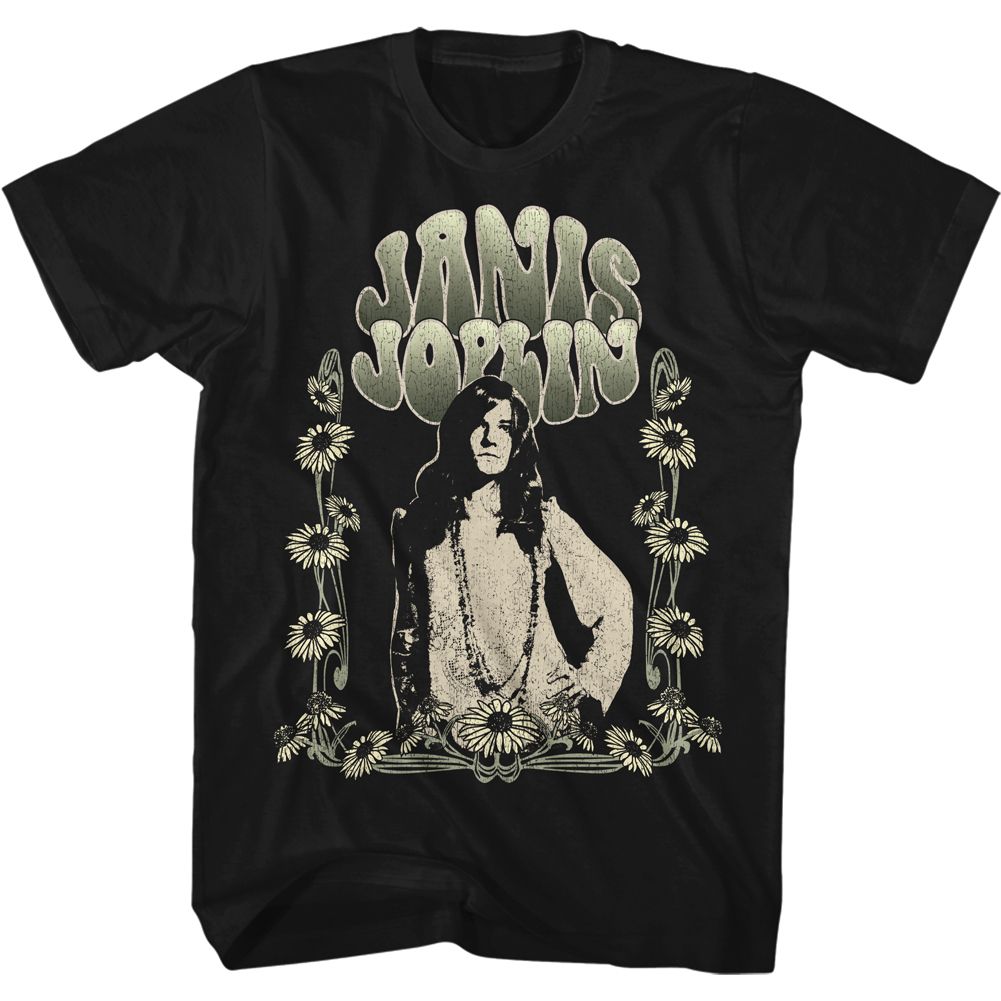 Black Janis Joplin t-shirt featuring Janis Joplin Art Nouveau Sunflowers design