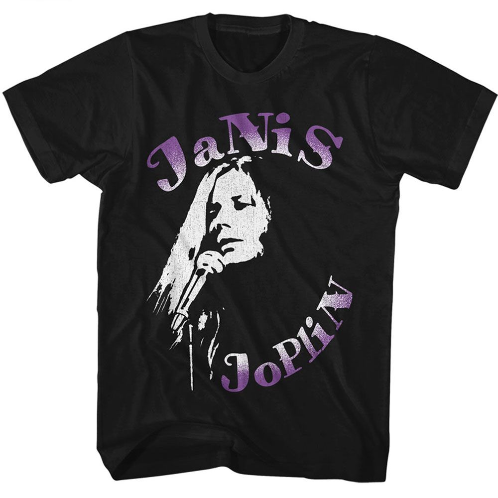 Black Janis Joplin t-shirt featuring Janis Joplin On The Mic design