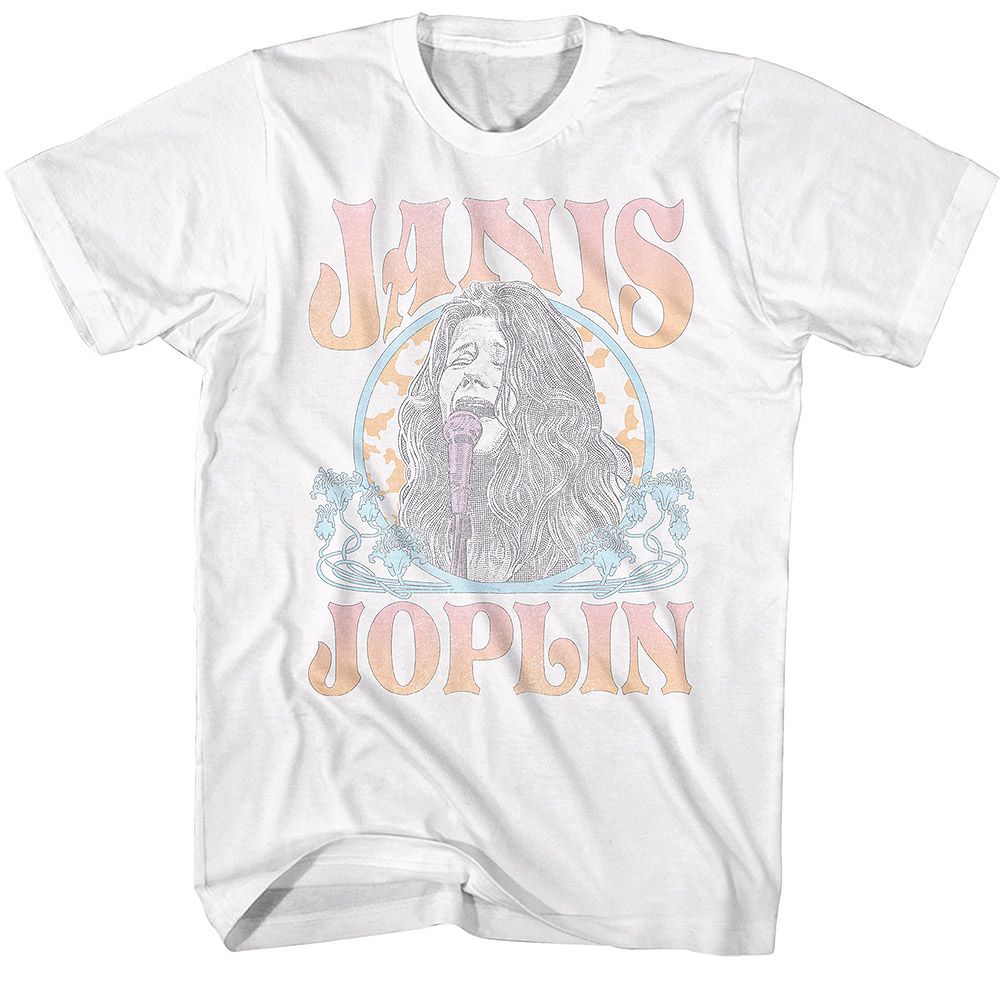 White Janis Joplin t-shirt featuring Janis Joplin Faded Art Nouveau Circle design