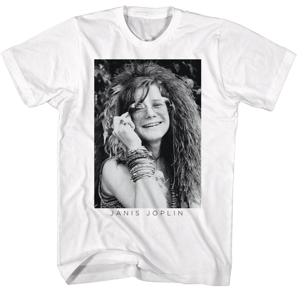 White Janis Joplin t-shirt featuring Janis Joplin Black And White Glasses design