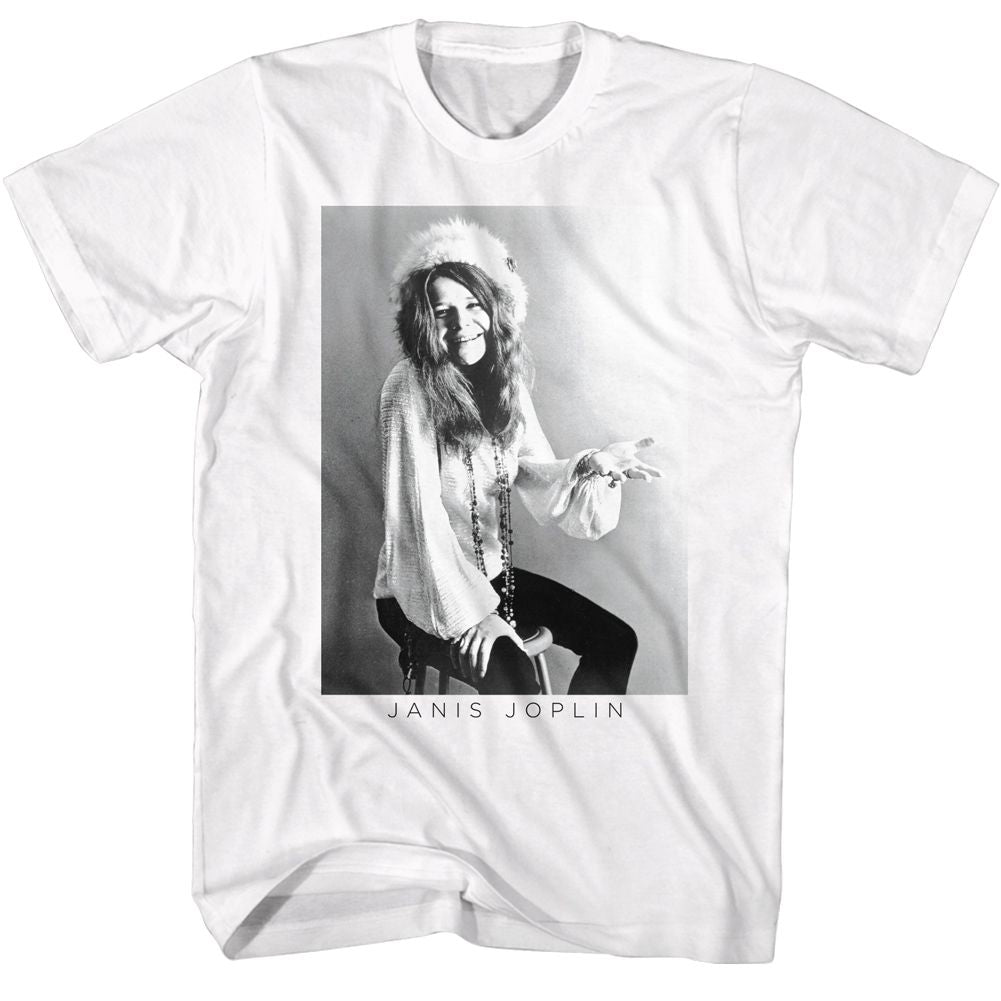 White Janis Joplin t-shirt featuring Janis Joplin Black And White design