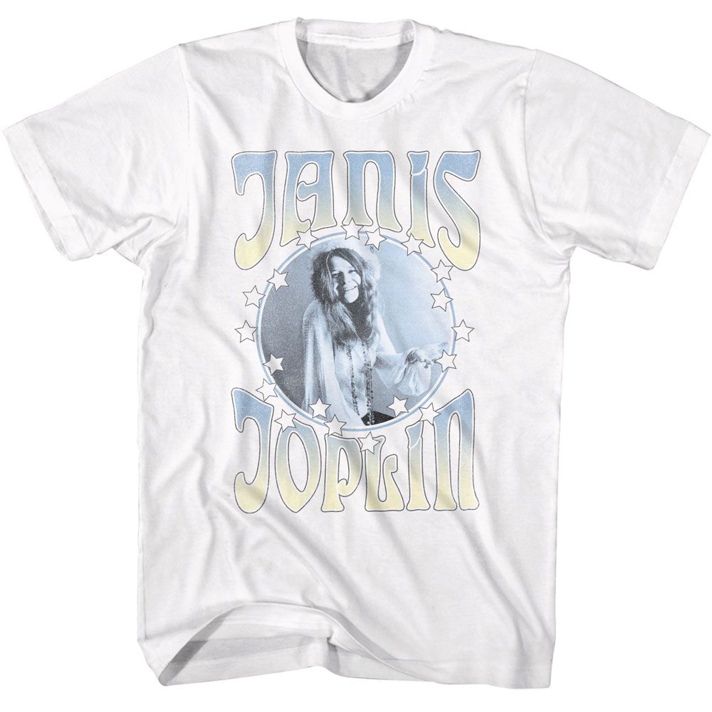 White Janis Joplin t-shirt featuring Janis Joplin Circle With Stars design