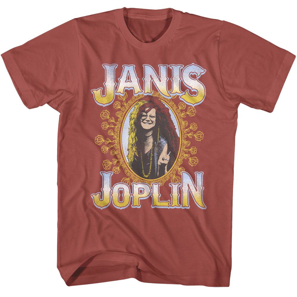 Terracotta Janis Joplin t-shirt featuring Janis Joplin Floral Frame design