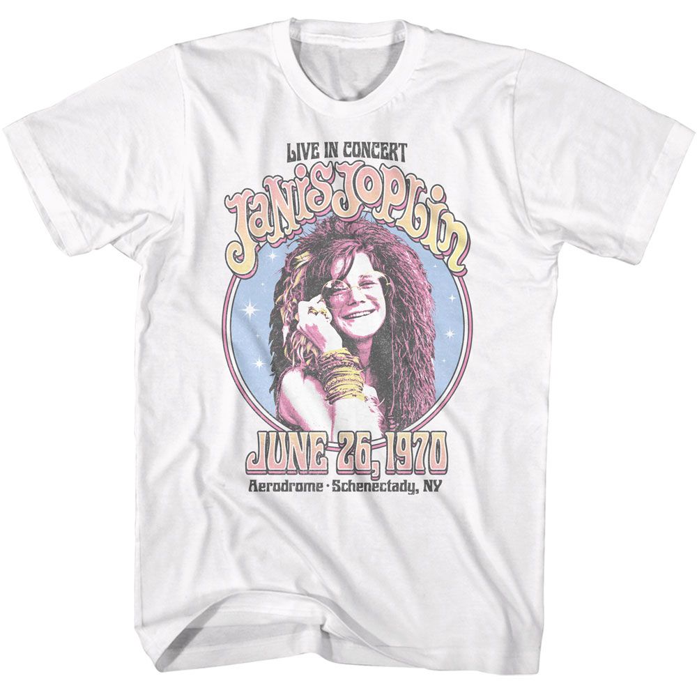 White Janis Joplin t-shirt featuring Janis Joplin Circle Sparkle design