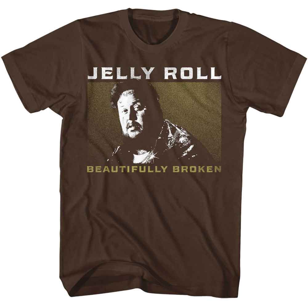 Dark chocolate Jelly Roll t-shirt featuring Jelly Roll Beautifully Broken 2024 album design