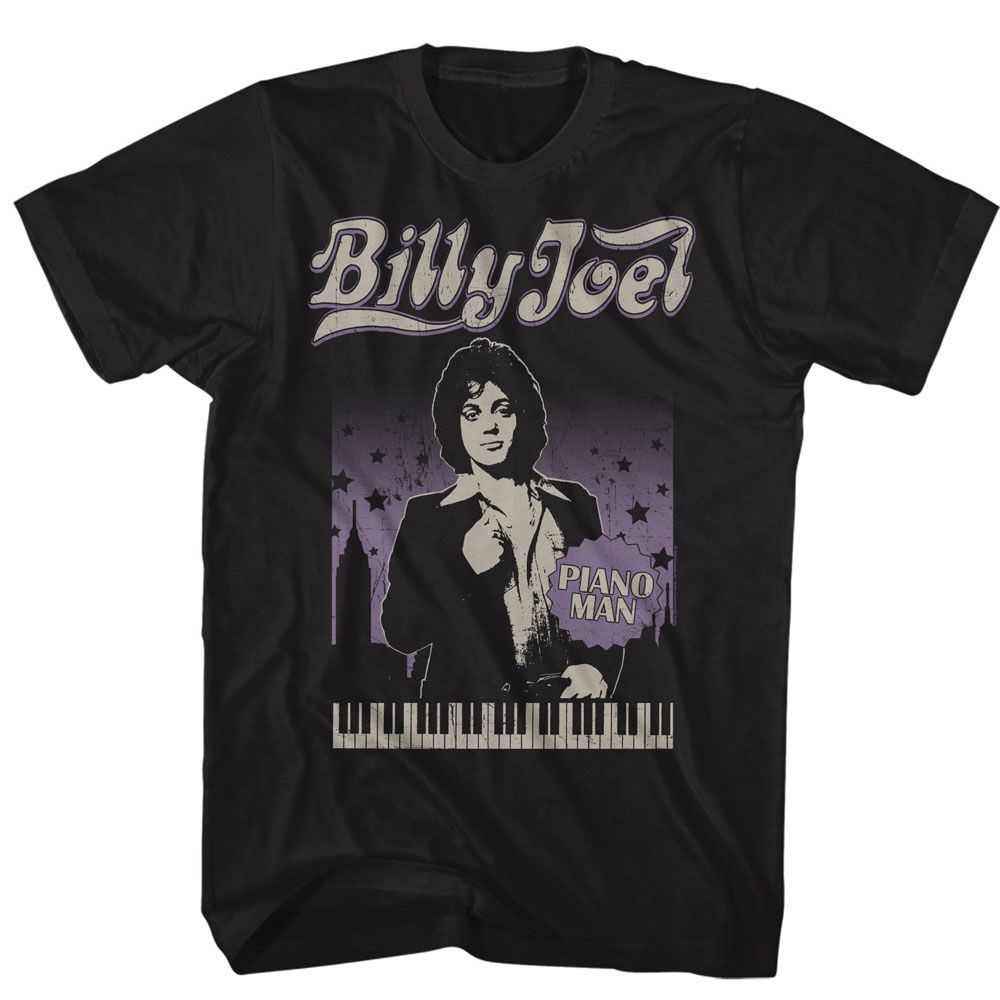 Black Billy Joel t-shirt featuring Billy Joel Cityscape With Stars design