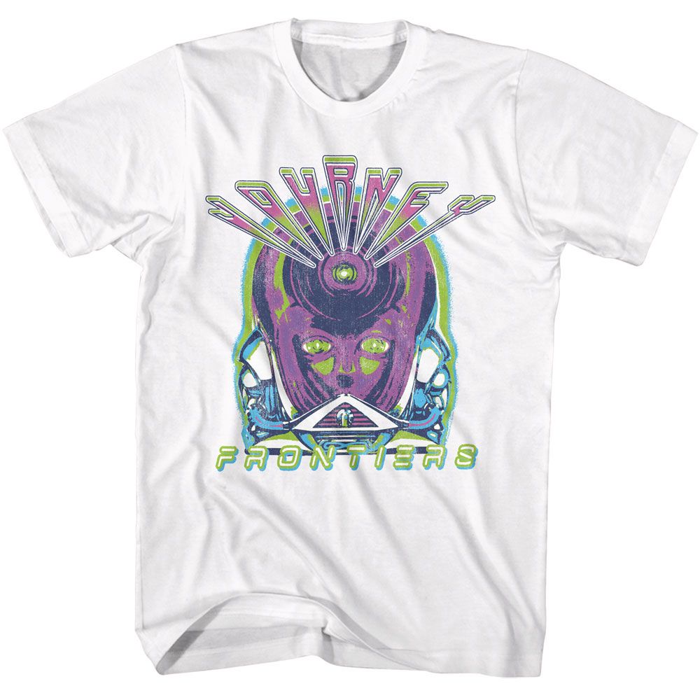 White Journey t-shirt featuring Journey Frontiers Neon design